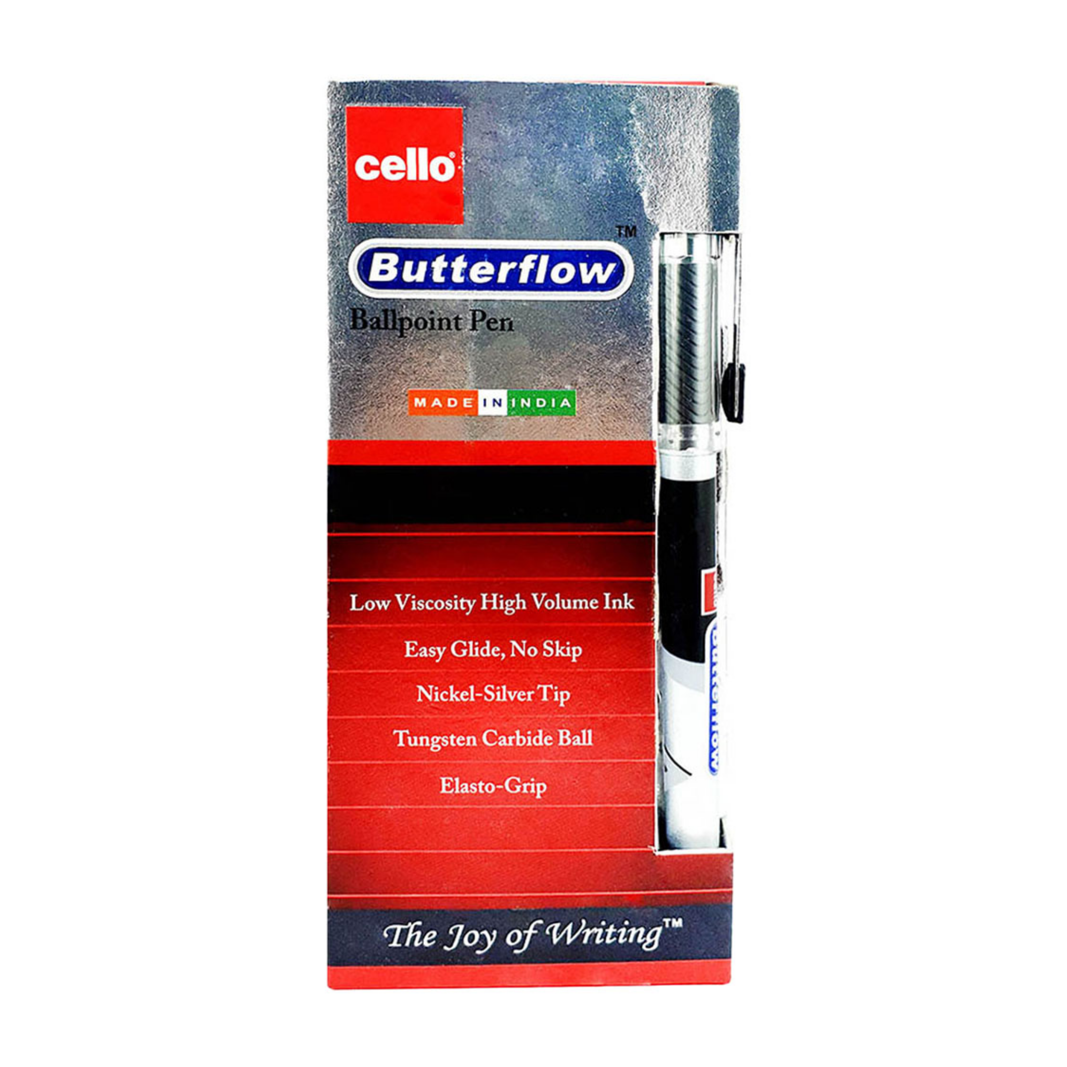 Cello Ballpoint Pen, Butterflow Simply, 0.7mm, Box of 12, Red, Blue, and Black