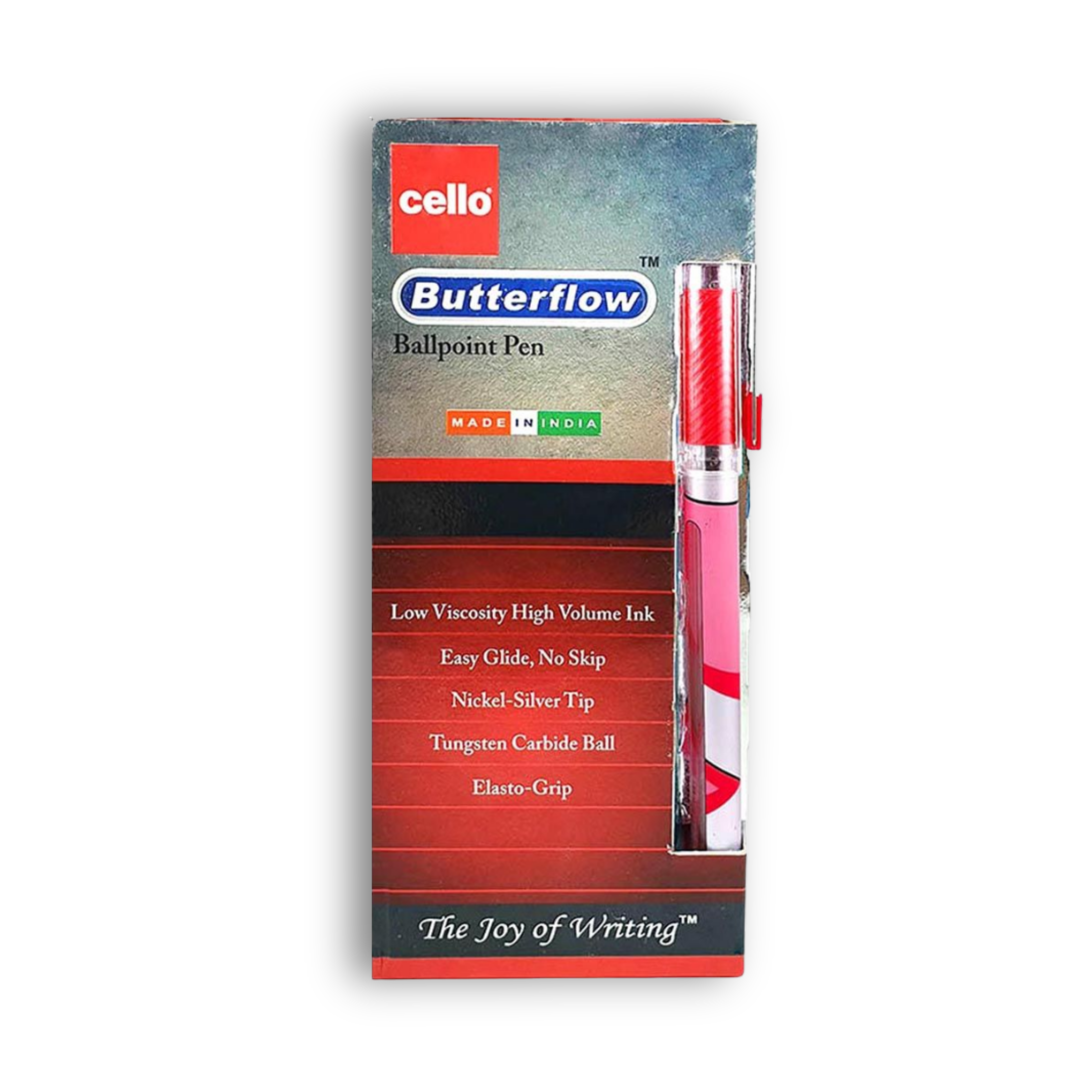 Cello Ballpoint Pen, Butterflow Simply, 0.7mm, Box of 12, Red, Blue, and Black