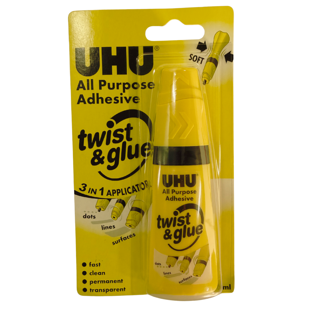 UHU All Purpose Adhesive, Twist and Glue, 3 in 1 Applicator, Soft Squeeze, Refillable, Blister Pack of 35 ml