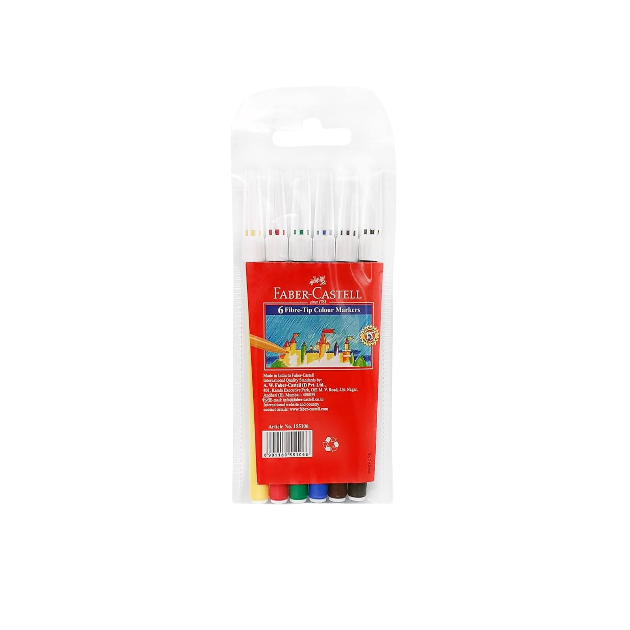 Faber-Castell Fibre-Tip Colour Markers, Child-safe, Washable, Pack of 6 Assorted Colors