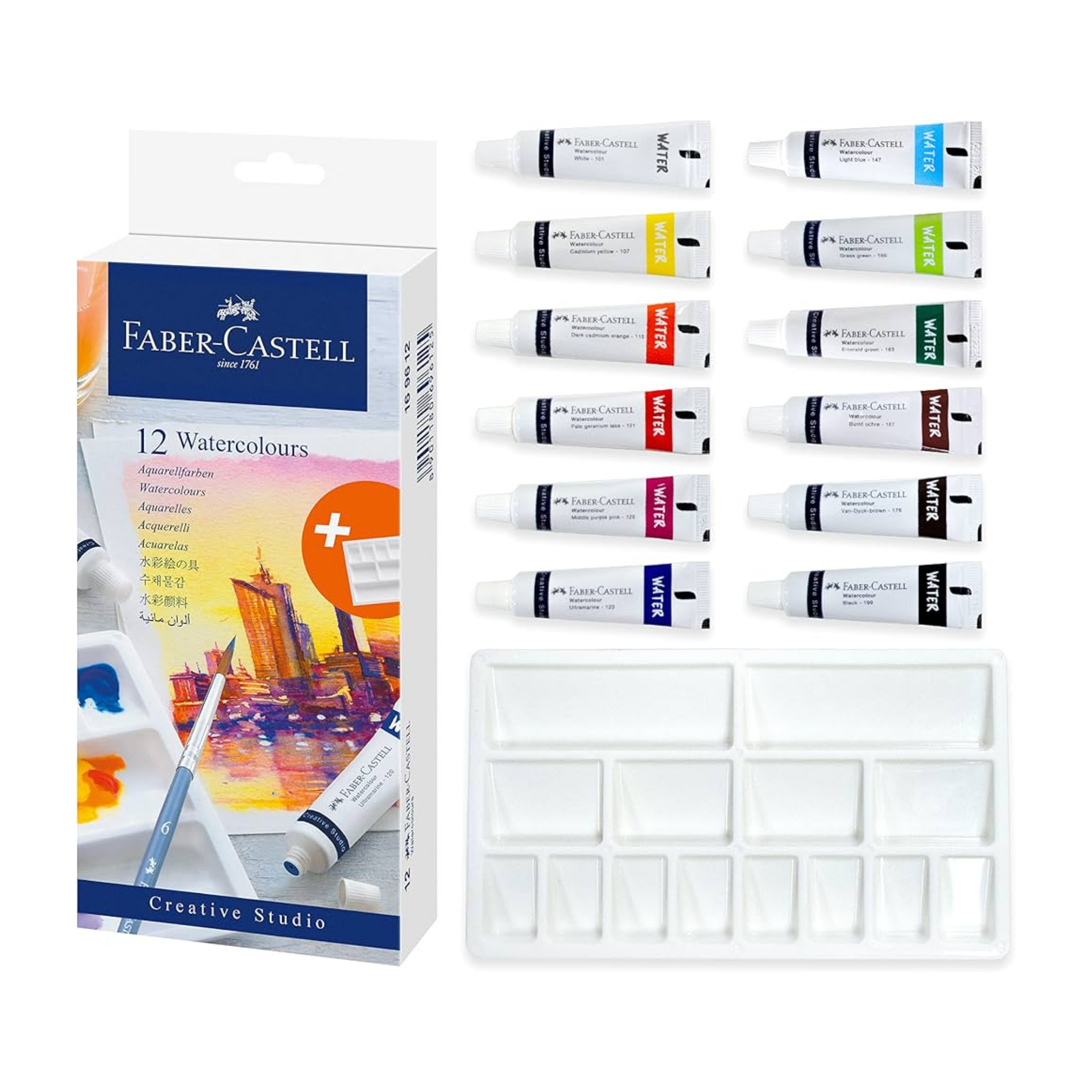 Faber-Castell Watercolors, 9 ml Tubes, Pack of 12 Colours, 1 Paint Brush and Palette Included