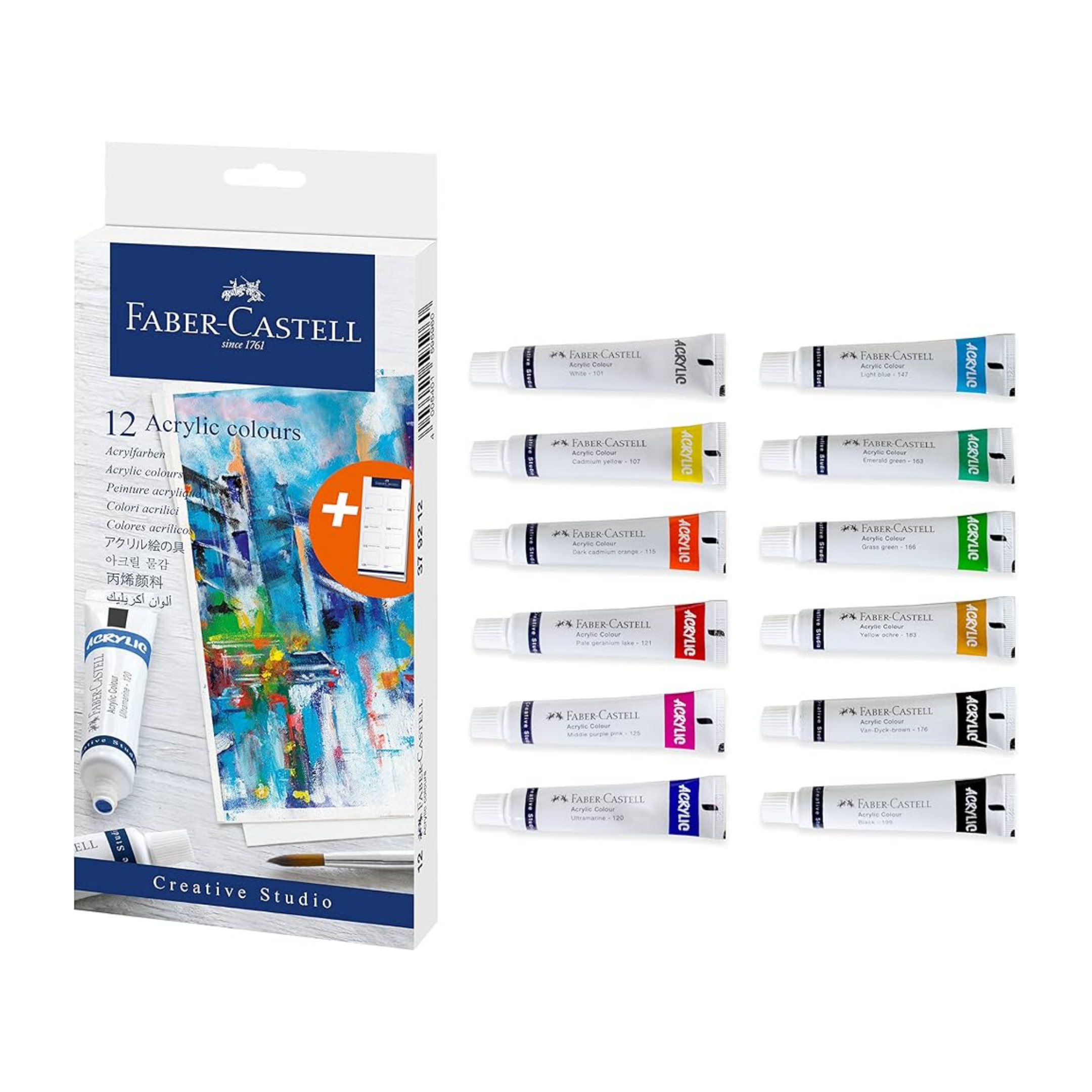 Faber-Castell Acrylic Colors, 9 ml Tubes, Pack of 12 Colours, 1 Swatch Card Included