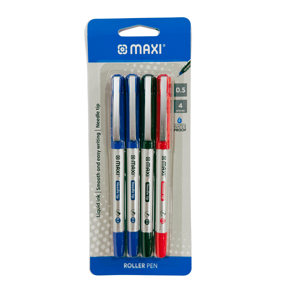 Maxi Roller Pen, 0.5mm Needle Tip, Blister Pack of 4