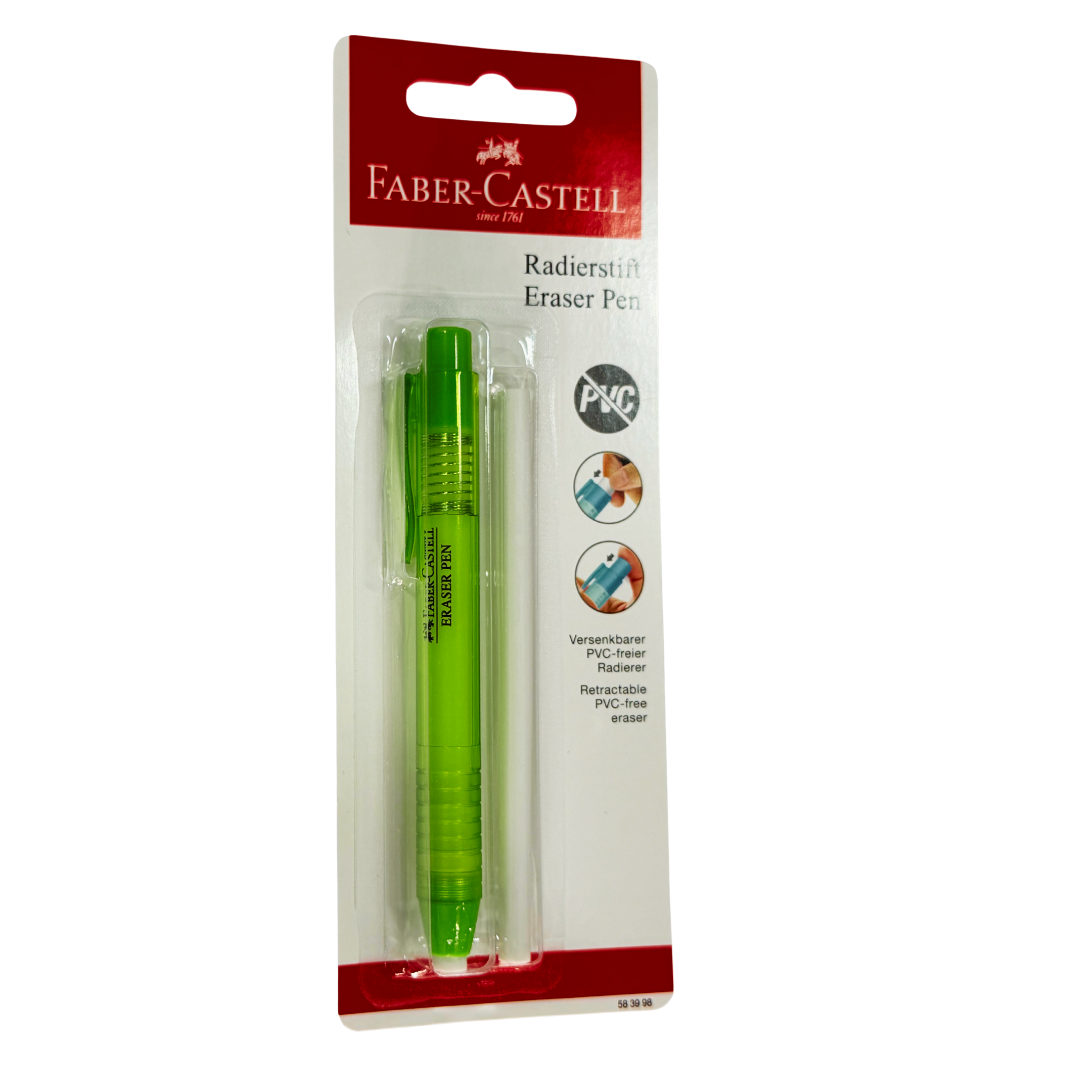 Faber Castell PVC-Free Eraser Pen and Refill, Blister Pack of 1, Purple, Green, and Light Blue