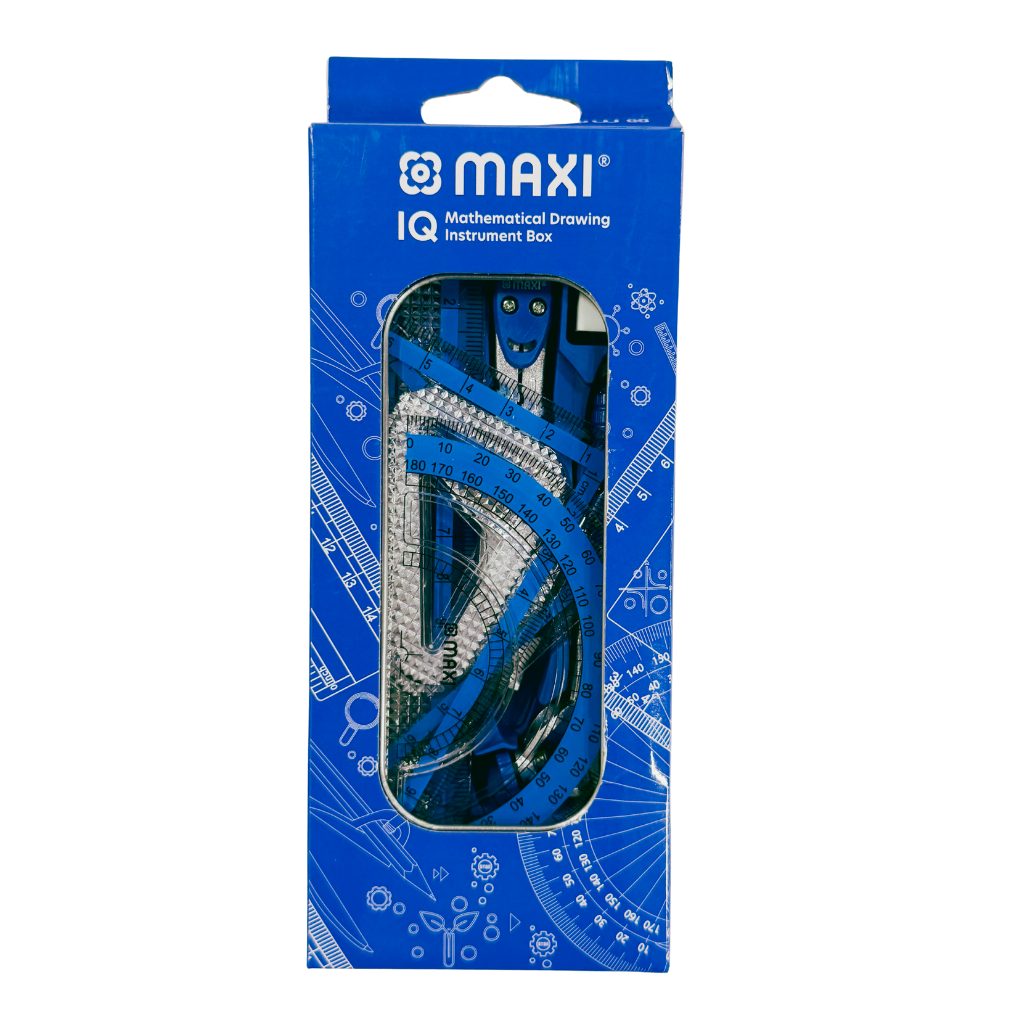 Maxi IQ Mathematical Drawing Instrument Box, Consist of 10 Individual Plastic Instruments, Metal Box, Blue