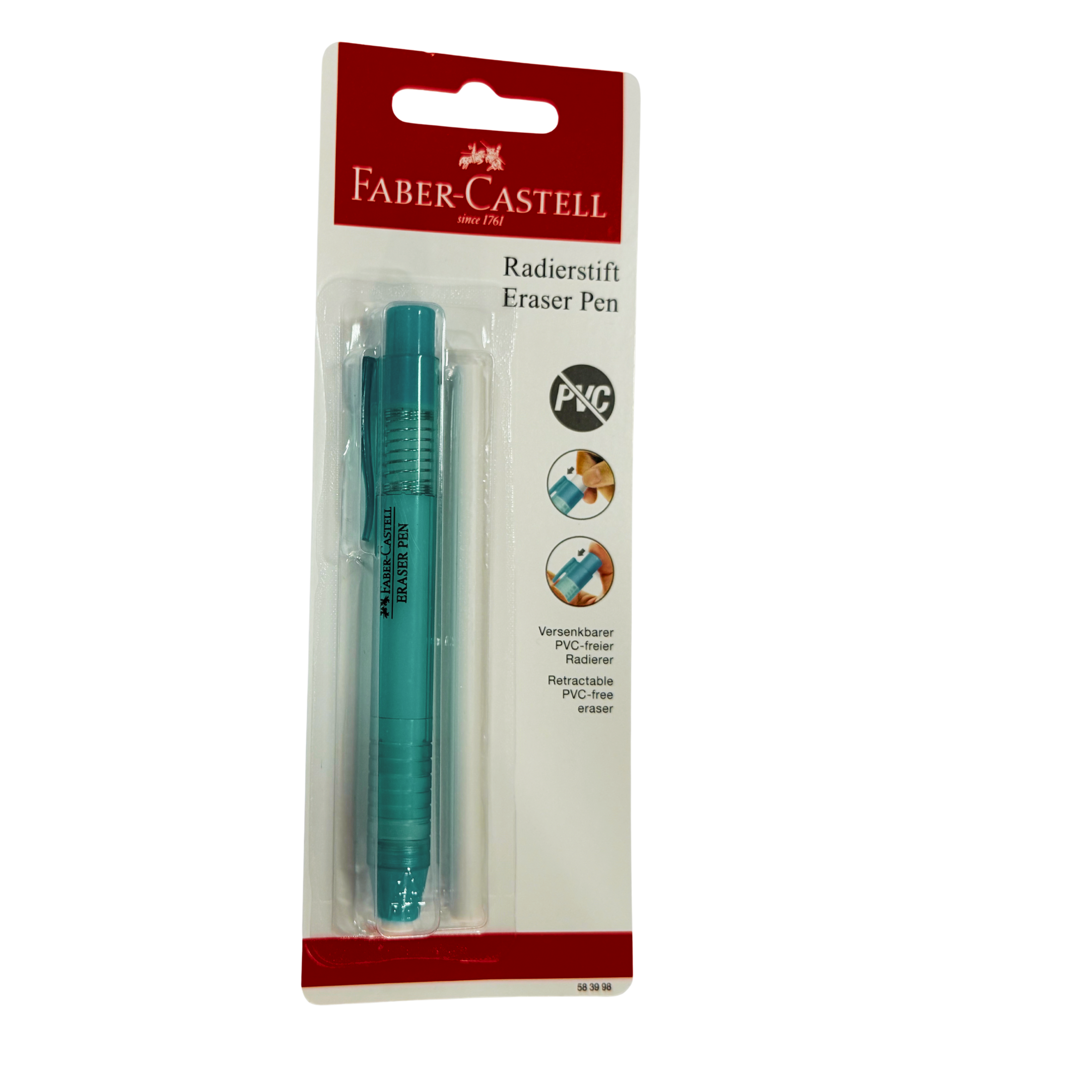 Faber Castell PVC-Free Eraser Pen and Refill, Blister Pack of 1, Purple, Green, and Light Blue