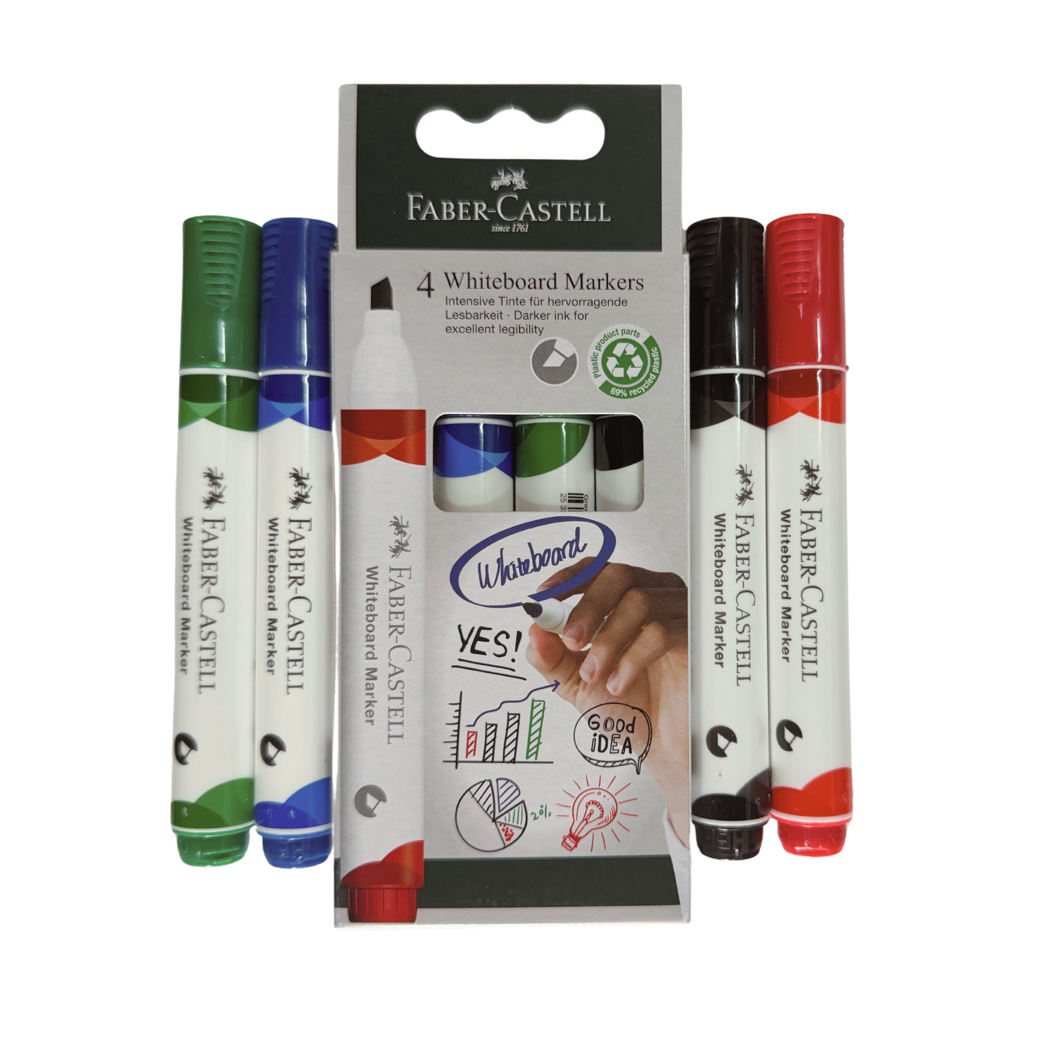 Faber Castell White Board Marker, Chisel Nib, Box of 4, Red, Blue, Green, and Black
