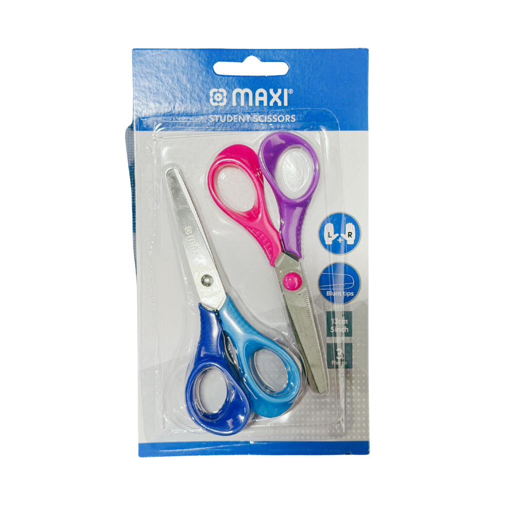 Maxi Student Scissors, Ambidextrous Scissors, Blunt Tips, 13 cm X 5 inch, Blister Pack of 3