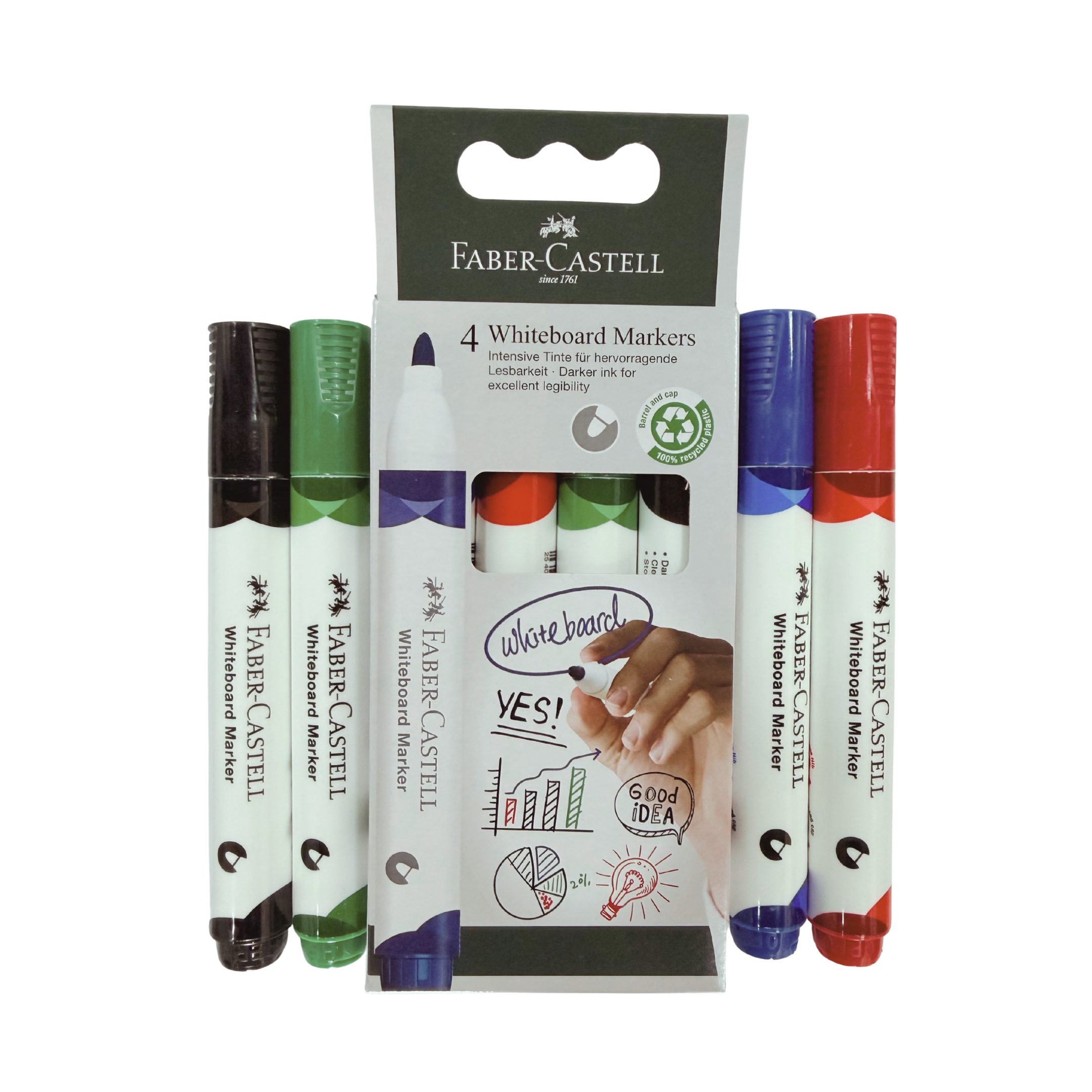 Faber Castell Whiteboard Marker, Bullet Nib, Box of 4, Blue, Red, Green, and Black