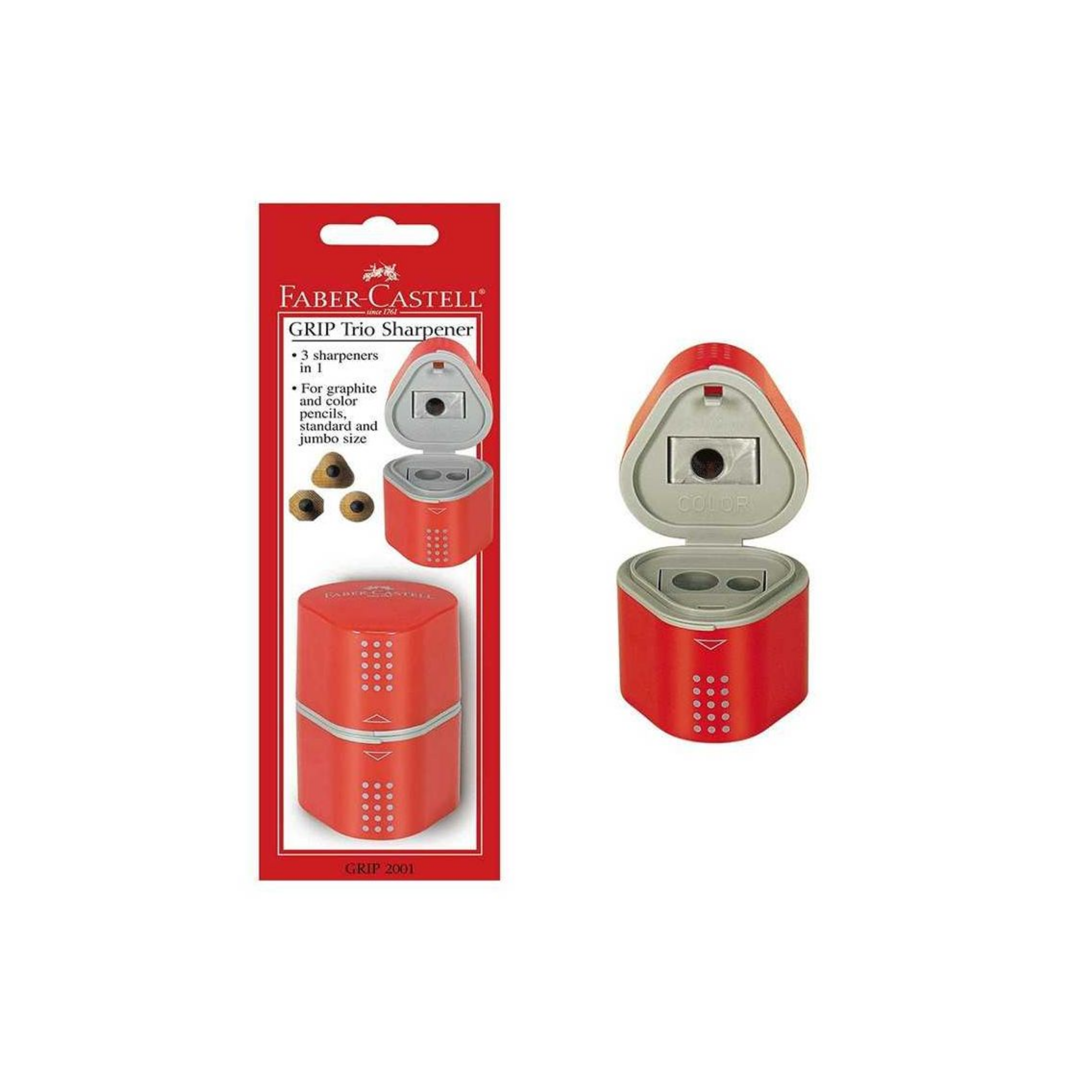 Faber Castell Grip Trio Sharpener, 1 Pc Blister Pack, Blue and Red