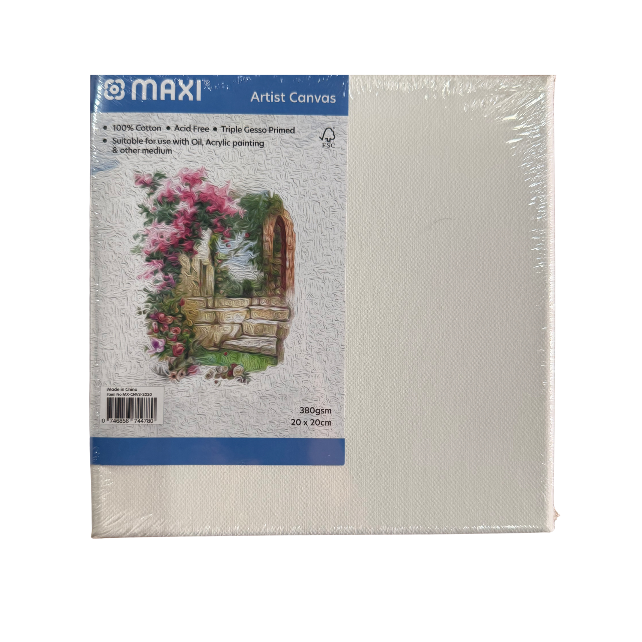Maxi Stretched Canvas Board, Thickness of 380 GSM, 20x20 Dimensions, Classic White