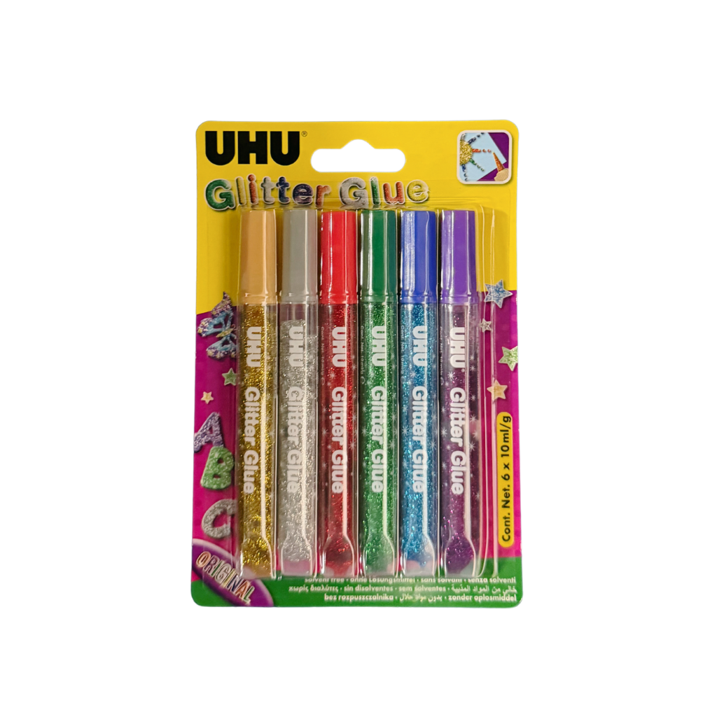 UHU Glitter Glue, Solvent-free, 10ml Tubes, Blister Pack of 6, Assorted Colours