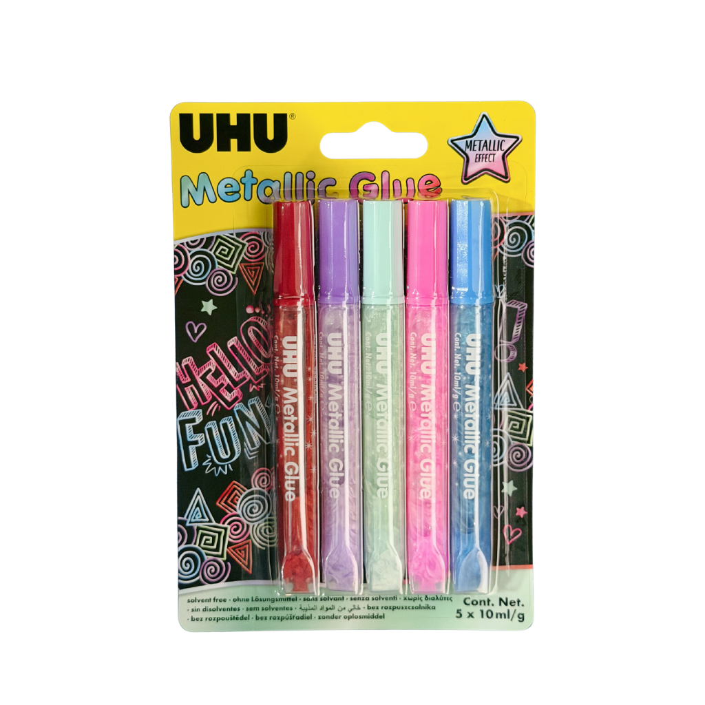 UHU Metallic Glue, Metallic Effect, Solvent-free, 10ml Tubes, Blister Pack of 5, Assorted Colours