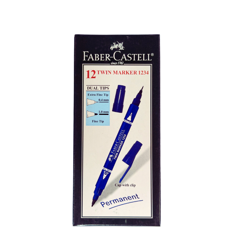 Faber Castell Permanent Marker, 0.4 mm and 1.0 mm, Double Sided, Box of 12, Blue, Black, and Red