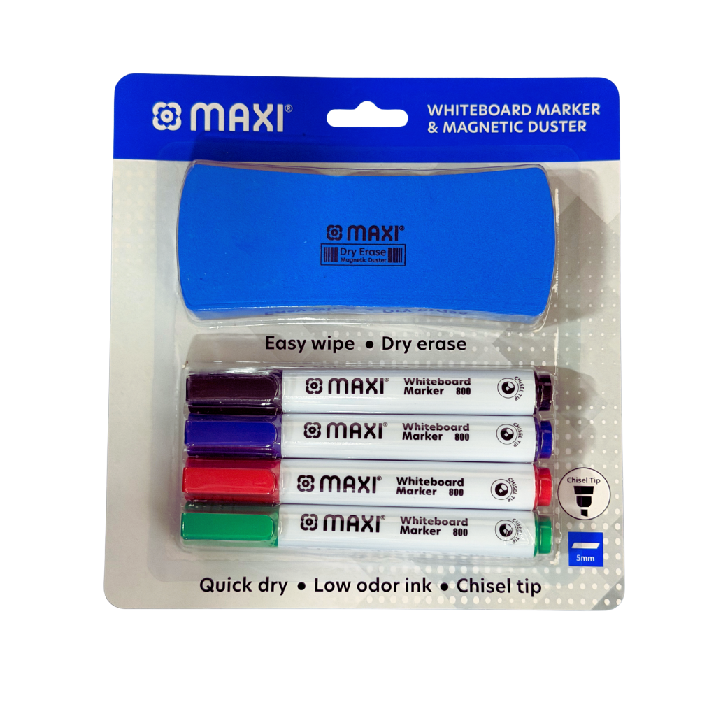 Maxi Whiteboard Marker Set With Magnetic Duster, Pack of 4, Assorted Colours