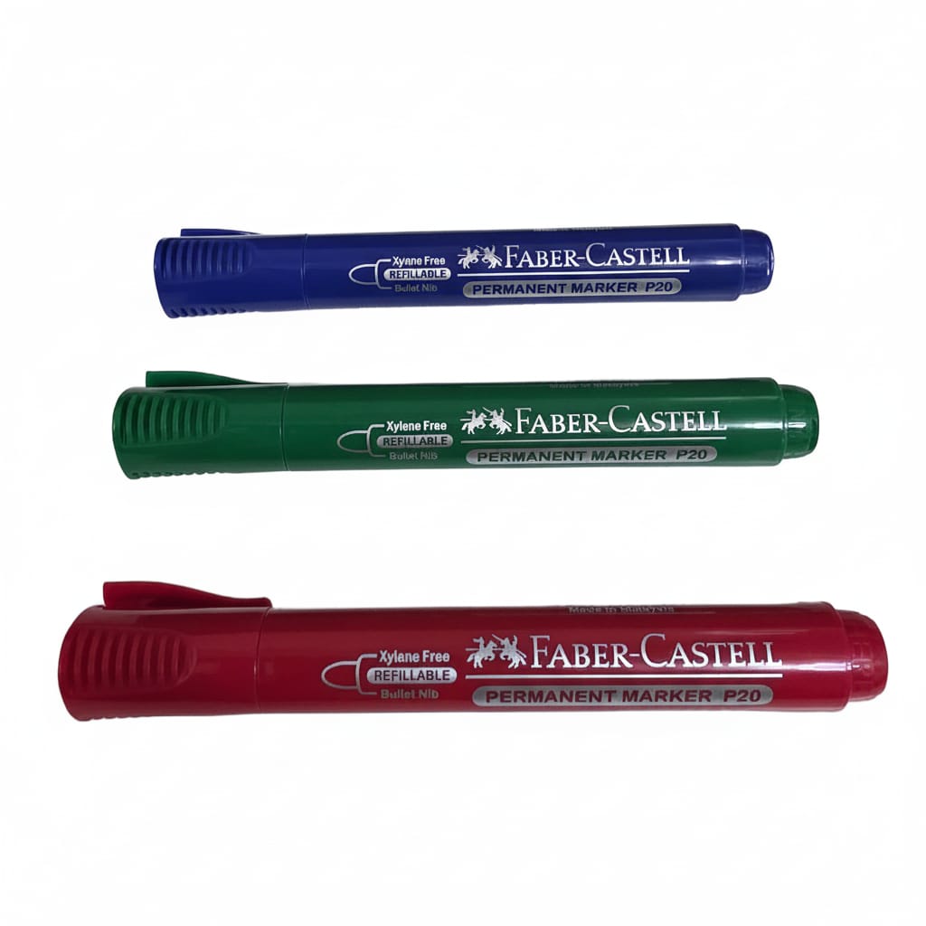 Faber Castell Refillable Permanent Marker P20, Bullet Nib, Blue, Red, and Green, Single Piece