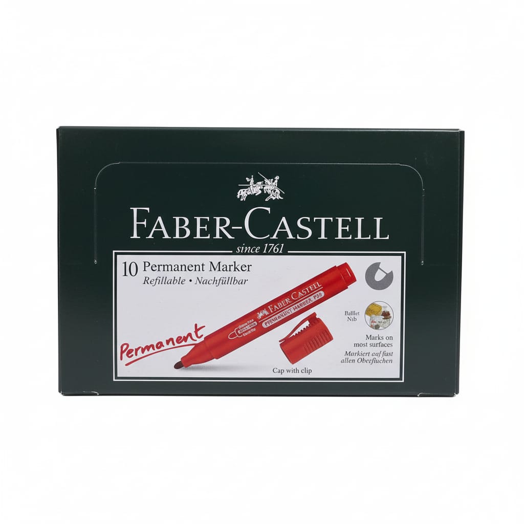 Faber Castell Refillable Permanent Markers, Bullet Nib, Box of 10, Blue, Green, and Red
