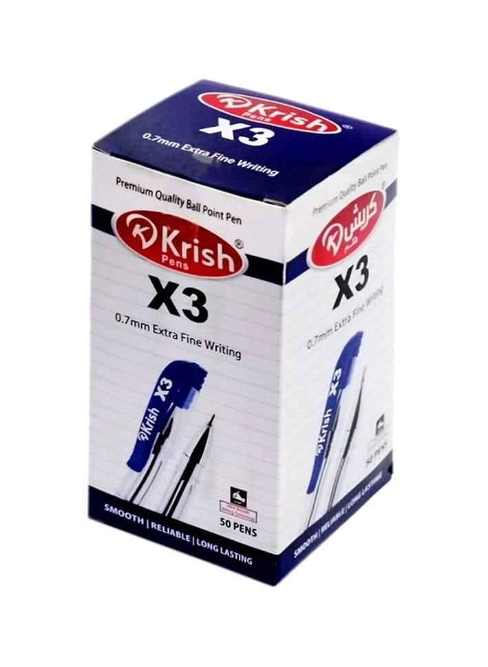 Krish Premium Quality Ball Point Pen X3, 0.7mm, Box of 50, Black and Blue