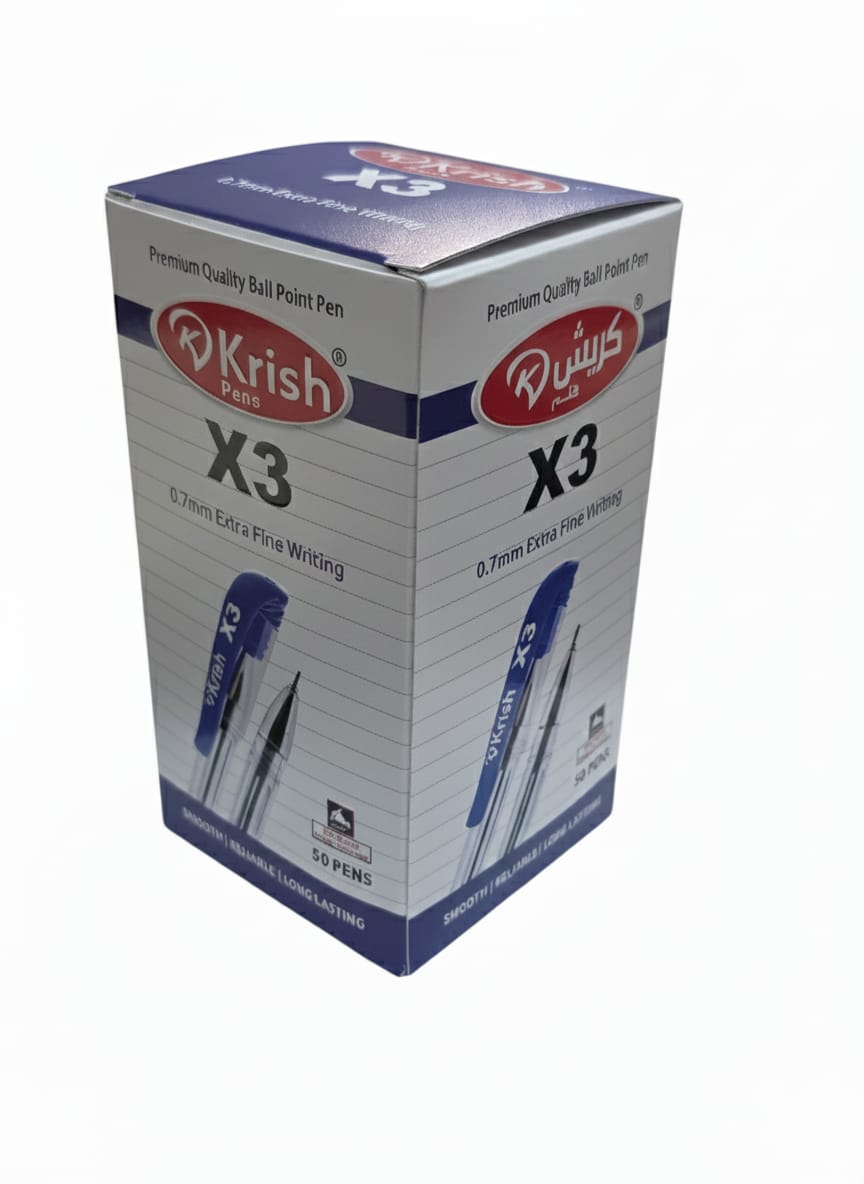 Krish Premium Quality Ball Point Pen X3, 0.7mm, Box of 50, Black and Blue