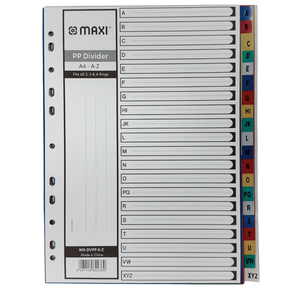 Maxi PP Divider, A4, Alphabetical Colour Dividers