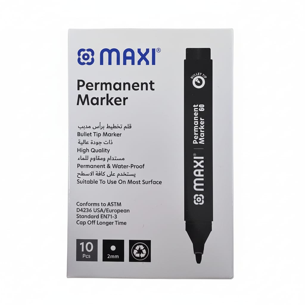 Maxi Permanent Marker, 2mm, Bullet Nib, Box of 10, Black, Green, Red, Black