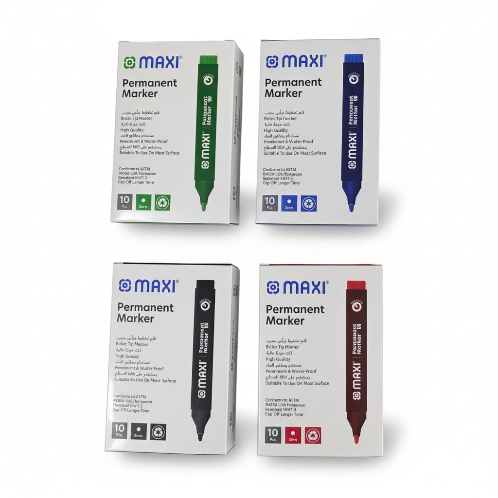 Maxi Permanent Marker, 2mm, Bullet Nib, Box of 10, Black, Green, Red, Black