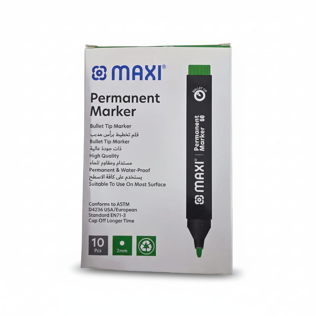 Maxi Permanent Marker, 2mm, Bullet Nib, Box of 10, Black, Green, Red, Black