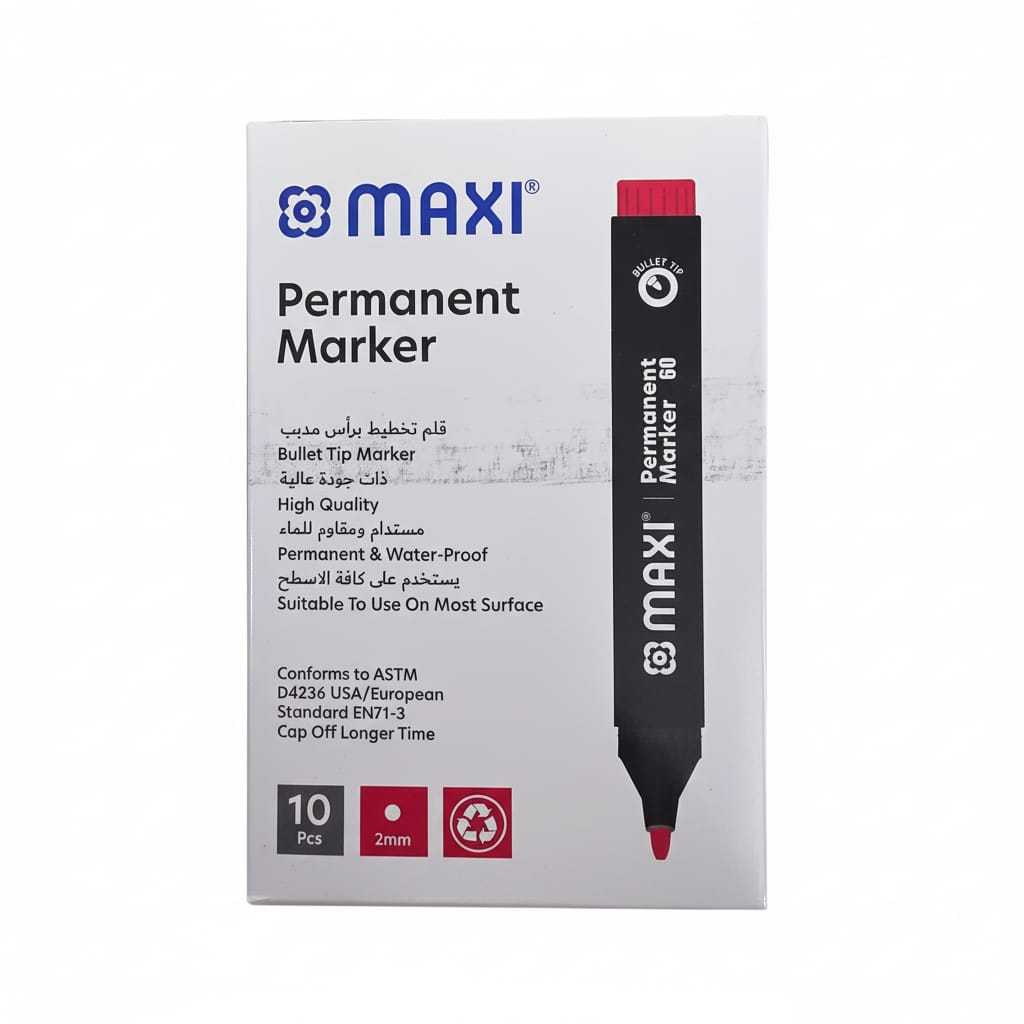Maxi Permanent Marker, 2mm, Bullet Nib, Box of 10, Black, Green, Red, Black