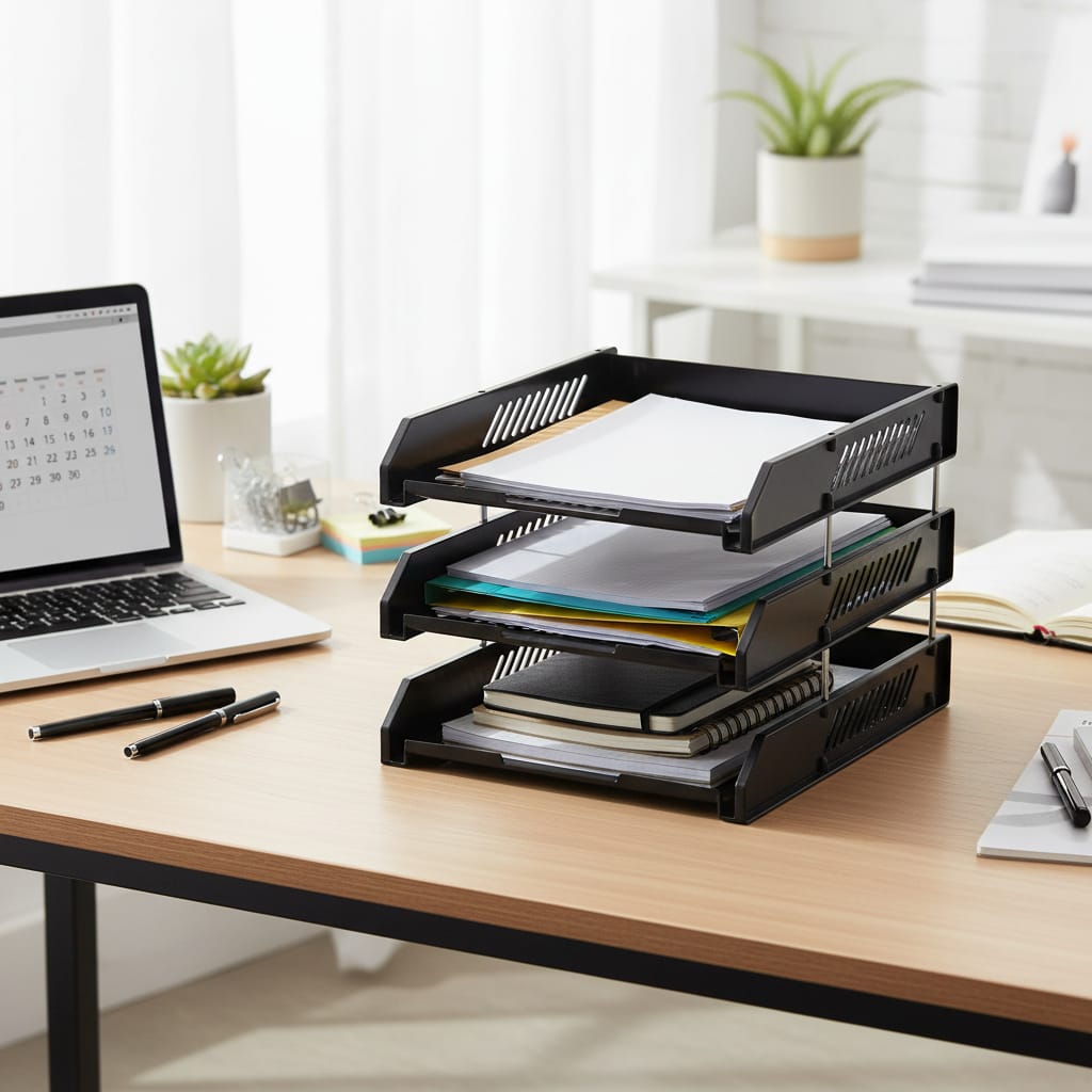 Maxi 3-tiered Document Tray, For Desktop Sorting and Organizing, Lightweight Plastic, Black