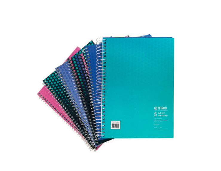 Maxi Spiral Hard Cover, 4 Subject Notebook, 11”x8.5”, 160 Sheets, Assorted Colours