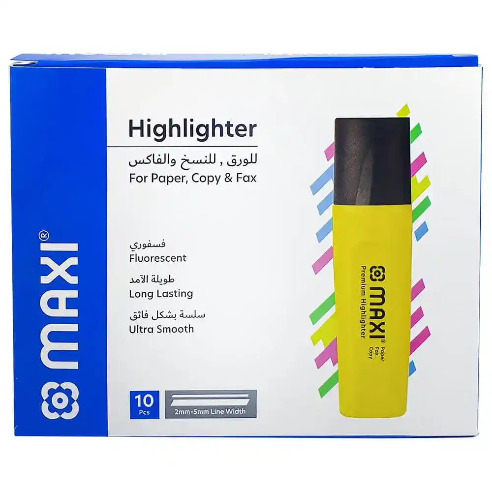 Maxi Highlighter Pens, Chisel Nib, Box of 10, Yellow, Blue, Green, and Red