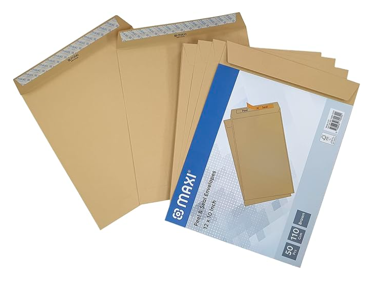 Maxi Peel and Seal Envelopes, 12"x10", 80GSM, Pack of 50, Brown