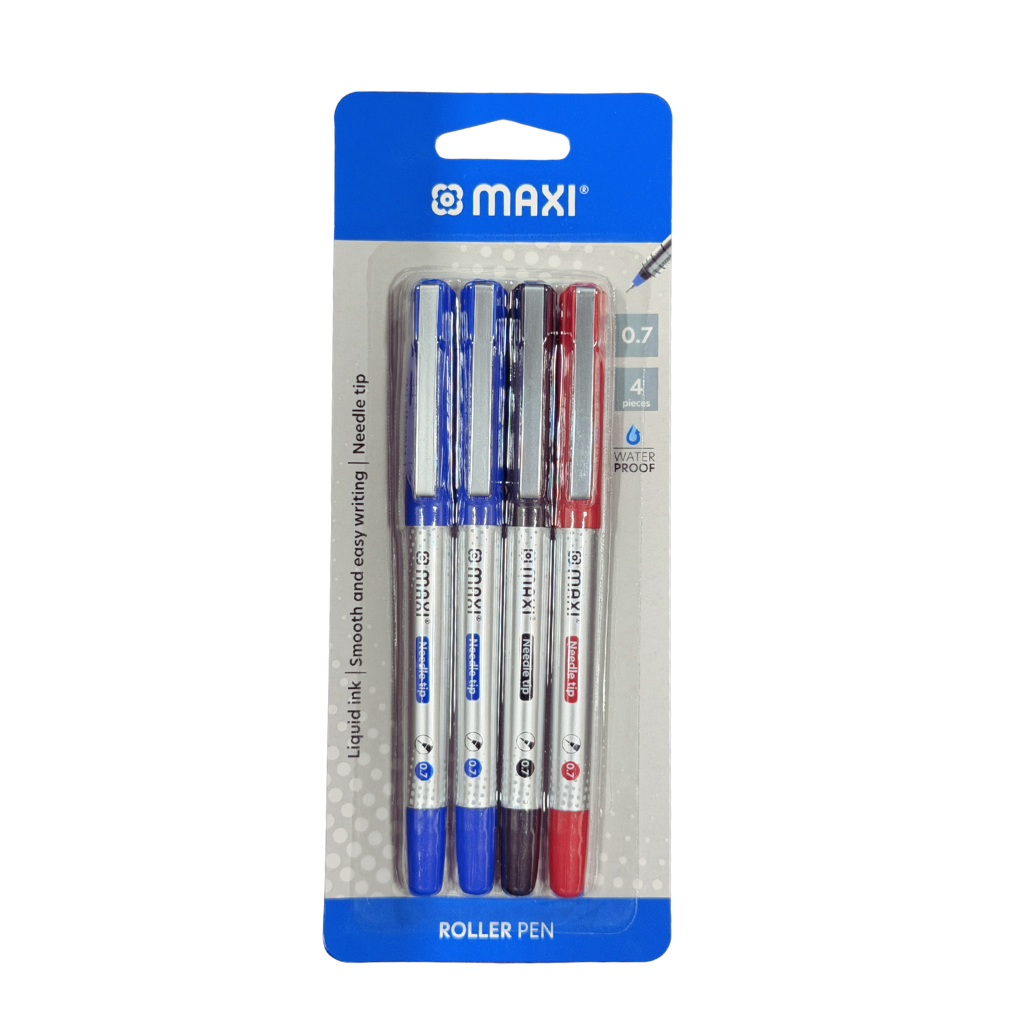 Maxi Roller Pen, 0.7mm Needle Tip, Blister Pack of 4