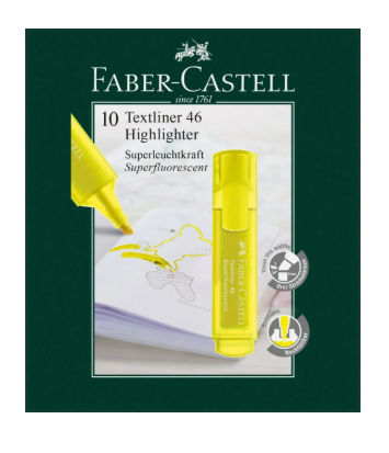 Faber Castell Highlighter Pens, Fluorescent Yellow, Chisel Nib, Box of 10