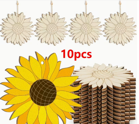 Multimate Sunflower Shaped Blank Wooden Slices, 7.6 cm in Size, Pack of 10