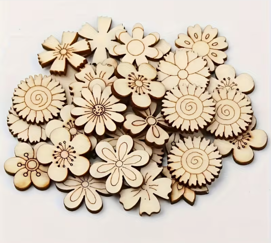 Multimate Wooden Flowers for Crafts, 2 cm in Sizes, Pack of 100, Assorted Designs