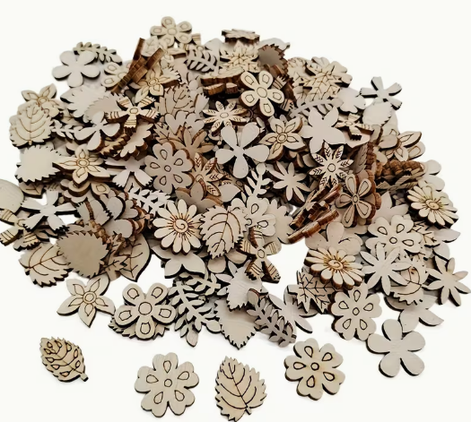 Multimate Wooden Flowers for Crafts, 2 cm in Sizes, Pack of 100, Assorted Designs