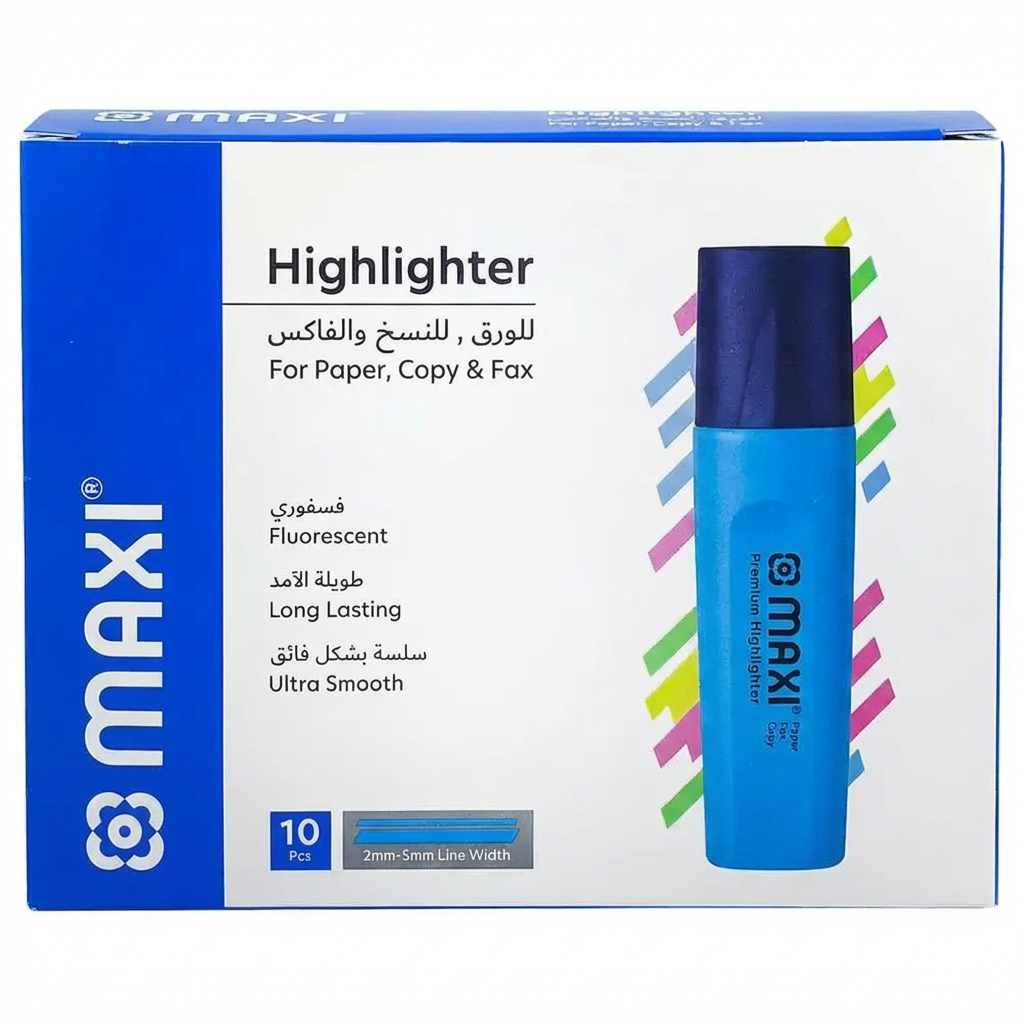 Maxi Highlighter Pens, Chisel Nib, Box of 10, Yellow, Blue, Green, and Red