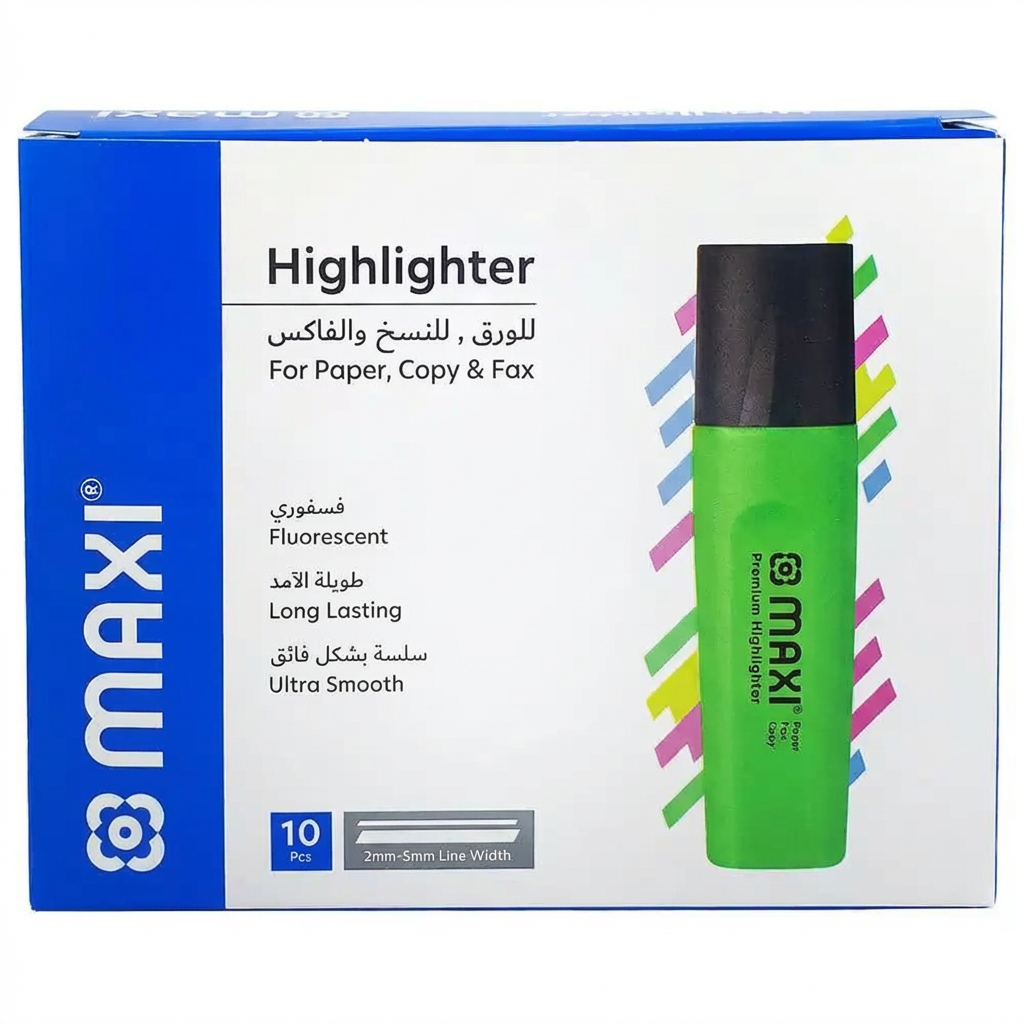 Maxi Highlighter Pens, Chisel Nib, Box of 10, Yellow, Blue, Green, and Red