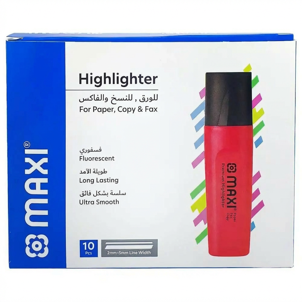 Maxi Highlighter Pens, Chisel Nib, Box of 10, Yellow, Blue, Green, and Red