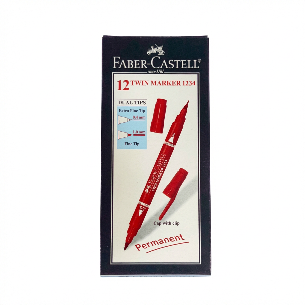 Faber Castell Permanent Marker, 0.4 mm and 1.0 mm, Double Sided, Box of 12, Blue, Black, and Red